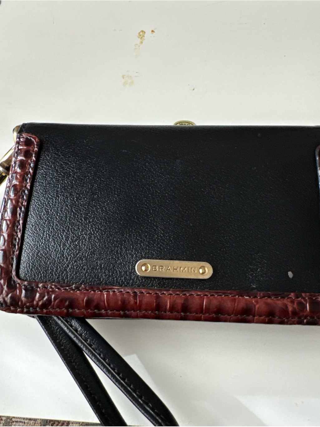 Brahmin Black And Burgundy Croc-Trim Leather Wristlet